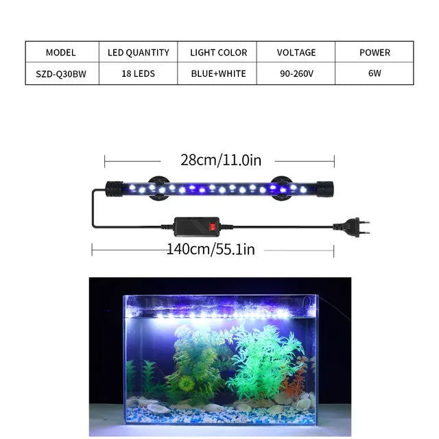 Adjustable 90-260V LED Aquarium Light - Waterproof Clip-On Submersible Lamp for Fish Tanks and Plant Growth (18-58 CM)