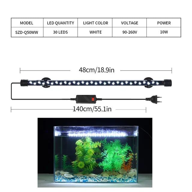 Adjustable 90-260V LED Aquarium Light - Waterproof Clip-On Submersible Lamp for Fish Tanks and Plant Growth (18-58 CM)